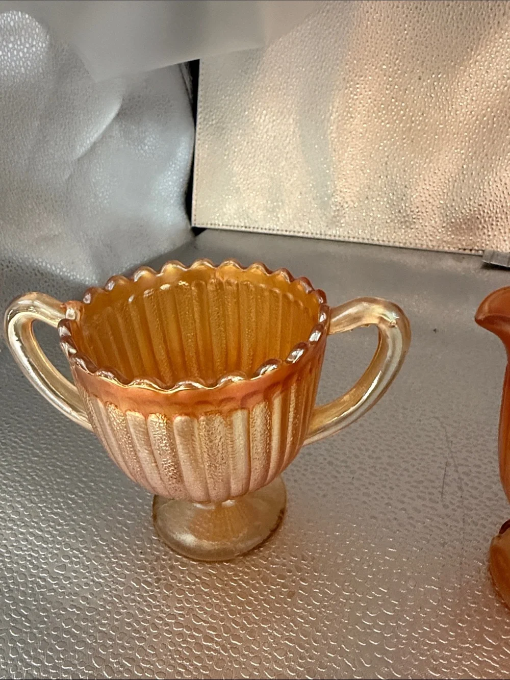 Vintage “Striped Rays” Carnival Glass sugar and creamer set.